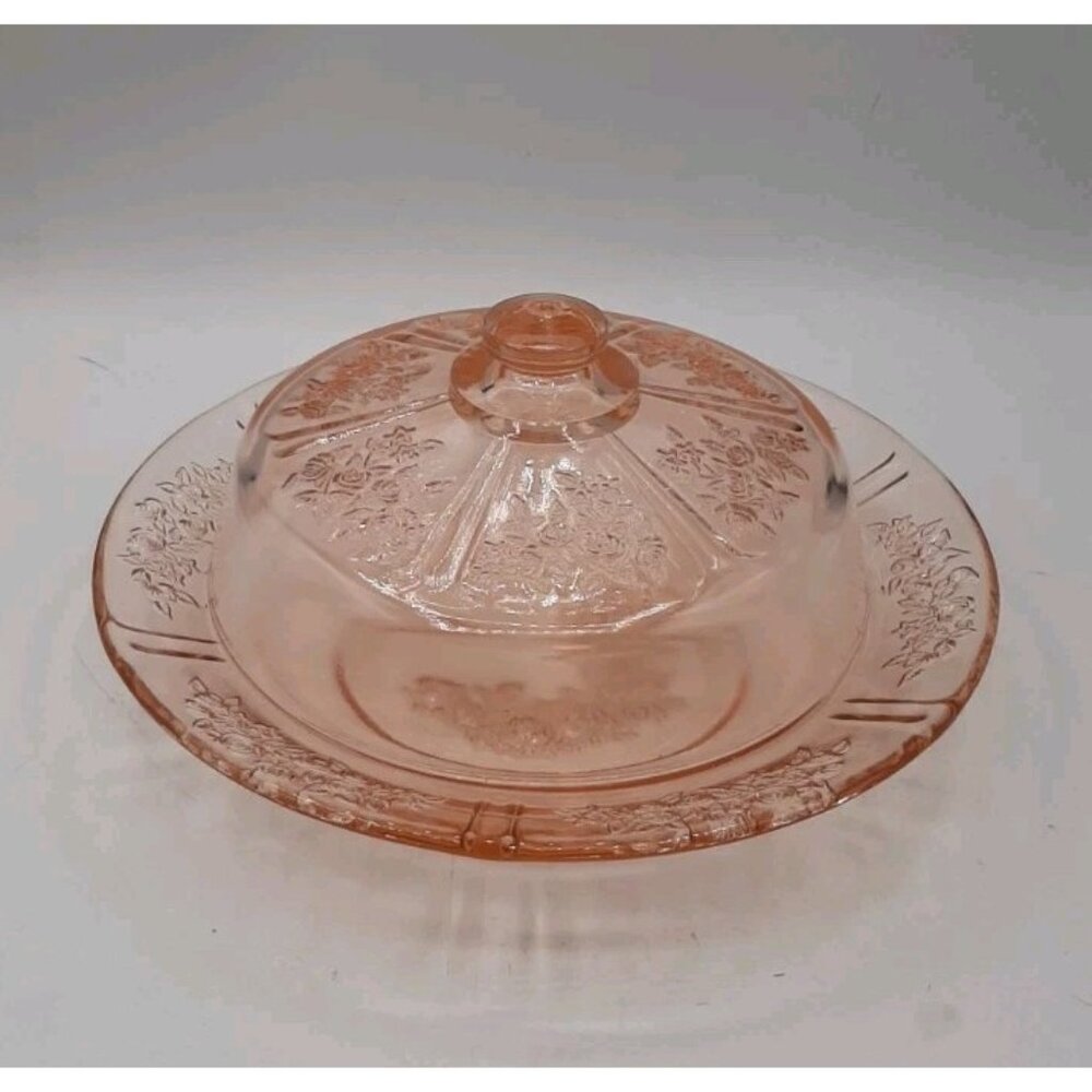 1930s Federal Glass Sharon Cabbage Rose Pink Lidded Butter Dish Depression Glass